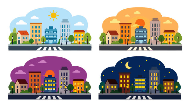 Flat cityscape set showing urban street in four times of day