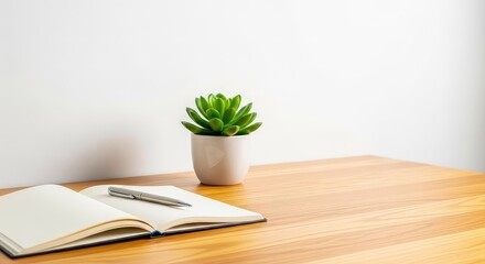 Obraz premium A minimalist wooden desk featuring a blank open notebook, a small green succulent in a ceramic pot, and a pen in a bright, modern setting, object, education, clean