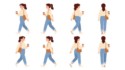 Obraz premium Woman walking with coffee cup shown from multiple angles