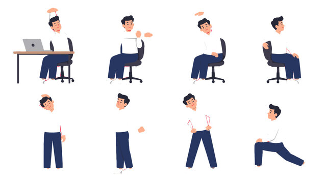 Office worker stretching in different exercise poses set