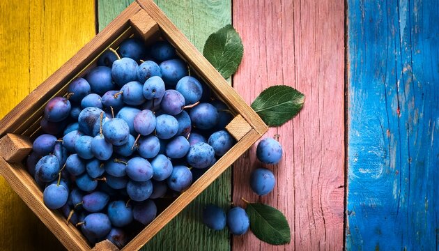 sloe berries in wooden crate on colorful wooden background