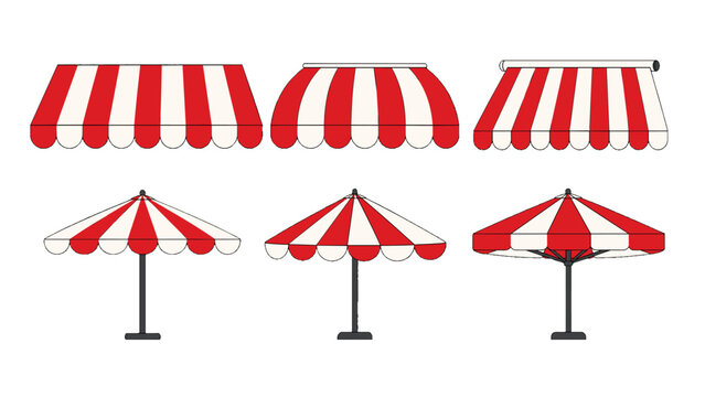 Set of red and white striped awnings and umbrellas