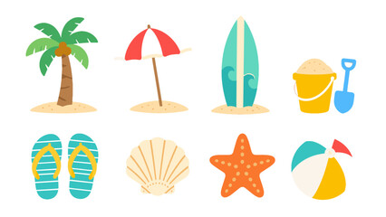 Set of colorful beach icons with palm tree umbrella and surfboard © Mark