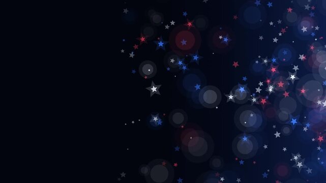 Patriotic background animation featuring glowing bokeh circles and red, white, and blue stars drifting on a dark navy backdrop, ideal for American holiday videos with copy space