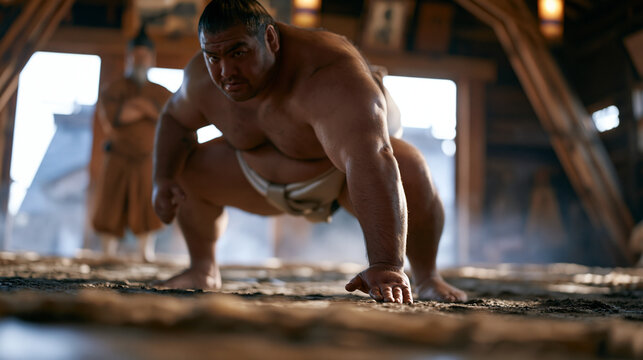 Sumo stable predawn training session shows heavyweight rikishi in kesho-mawashi executing shiko leg raises across a clay dohyo as a stern oyakata observes footwork with arms folded and morning mist 