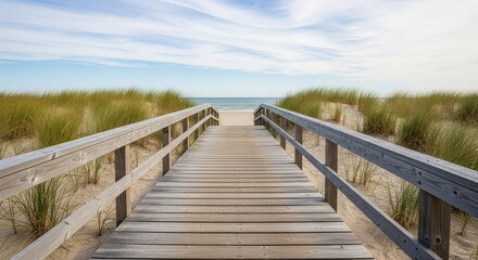 Fototapeta premium A weathered wooden boardwalk stretches toward a peaceful sandy beach lined with tall sea grass under a light blue sky with white clouds, serene, maritime, scenery