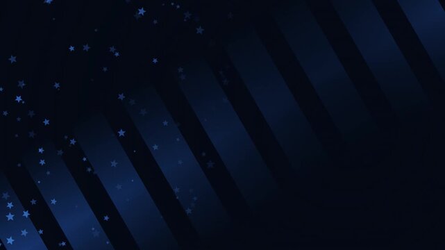 Patriotic dark blue background animation featuring subtle shimmering stars and sweeping diagonal stripes, creating an elegant presentation frame template with copy space for American holidays