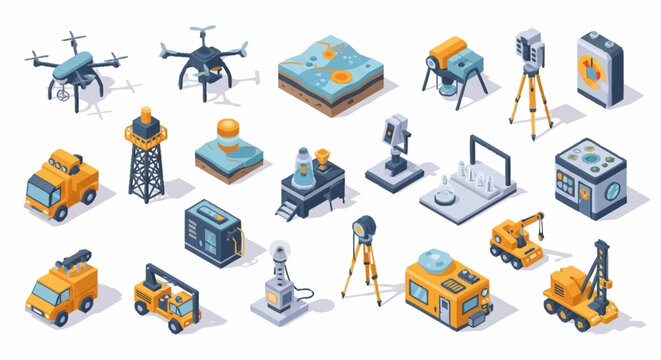 Collection of isometric icons representing modern surveying and construction equipment, including drones, vehicles, and measurement devices.