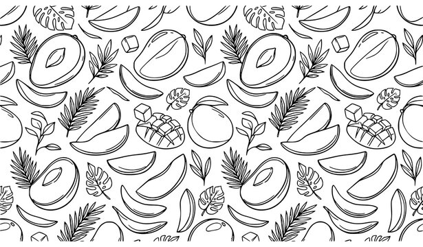 Sliced mango seamless pattern with hand drawn tropical fruit line art for packaging and fabric
