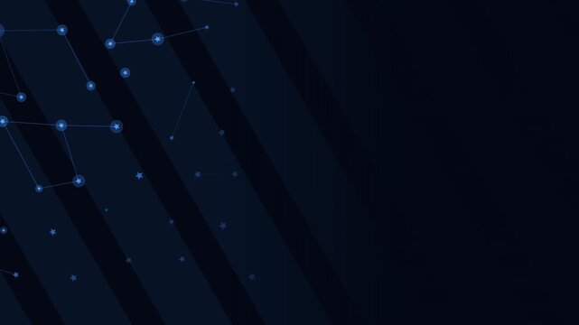 Patriotic dark blue background animation featuring a tech digital star constellation grid over sweeping diagonal stripes, creating an elegant corporate frame template with copy space