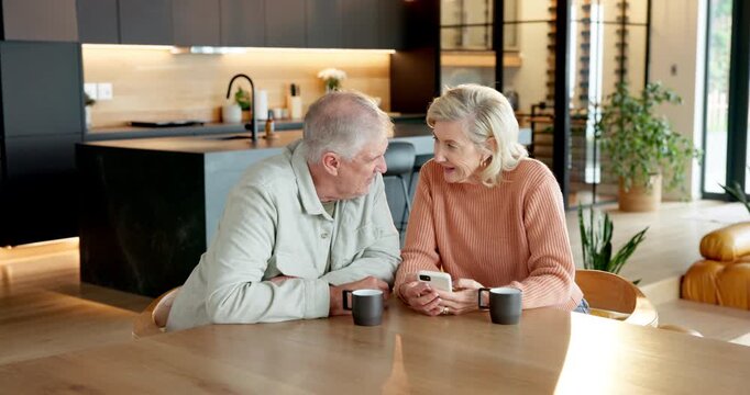 Coffee, phone and senior couple in home with laugh for funny meme on social media together. Cappuccino, happy and elderly man with woman on cellphone for reading blog on mobile app in apartment.