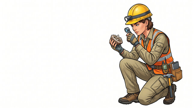 Professional geologist inspecting rock sample with magnifying glass