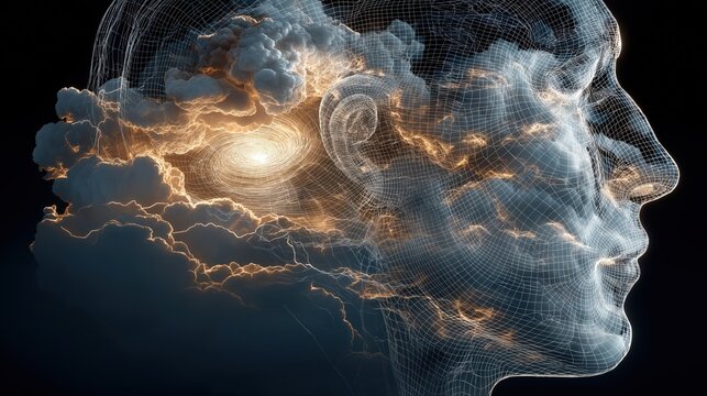 Abstract human head wireframe filled with swirling galaxy and stormy clouds
