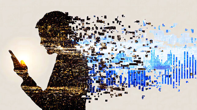 Quantified Self and Health Transformation Concept featuring Big Data Fitness App Interface Overlay with Digital Disintegration of Human Silhouette for Wellness Technology and Biometric Analysis