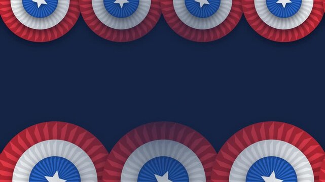 Patriotic USA background animation featuring red, white, and blue paper fan rosettes lining the top and bottom over a dark navy backdrop, creating a festive template for American holidays