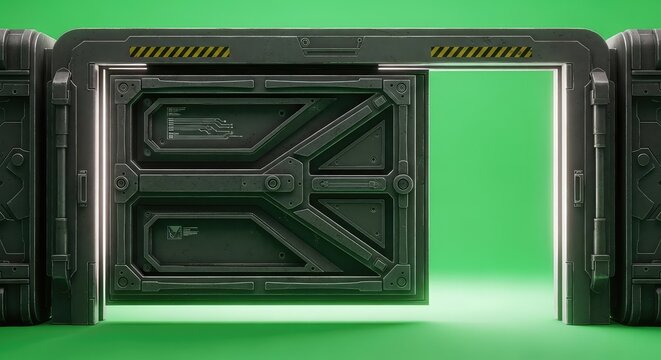Heavy metal bulkhead door on a futuristic spacecraft sliding open horizontally to reveal a bright luminous chroma key green screen background, scifi, shuttle, background