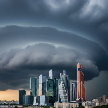 Swirling dark thunderheads gather intensely over a contemporary urban landscape with reflective glass towers and high-rise buildings, atmosphere, construction, thunderhead
