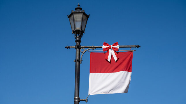 Red and white flag hanging on a black lamp post against clear blue sky.
