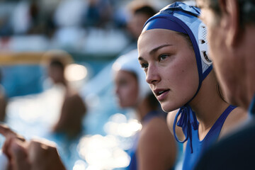 Fototapeta premium A female water polo player intensely focuses ahead, ready for her turn in the match, showcasing determination, athleticism, and the spirit of teamwork in sports.
