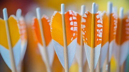 Fototapeta premium Closeup of colorful fletching on archery arrows, featuring vibrant orange and white feathers attached to wooden shafts in a quiver