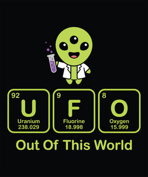 Funny alien scientist design with periodic table elements for space and science enthusiasts.