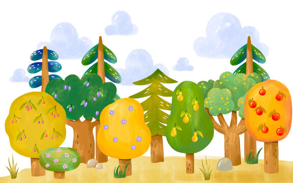 Bright sunny forest scenery background with colorful cartoon trees and fluffy clouds Kids room play area backdrop ideal for Summer camp and Earth Day celebrations