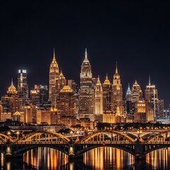 Obraz premium A stunning view of a detailed metropolitan skyline featuring intricate golden architecture and arched bridges against a deep black sky, majestic, wealth, metallic