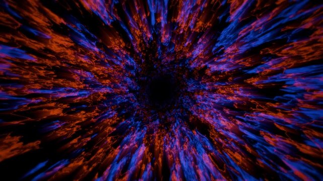 Looped background with dynamic tunnel of blue and orange energy patterns in warp speed portal style. Fast flying through a glowing plasma wormhole for science fiction and technology. VJ loop 4K 60fps