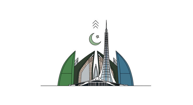 Minimalist Illustration of Faisal Mosque and Skyscraper Landmark