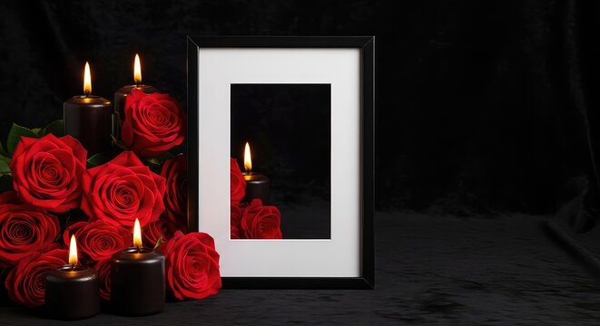 Elegant black picture frame set against a dark background with deep red roses and burning black candles, featuring ample copy space, copy space, decoration, dark