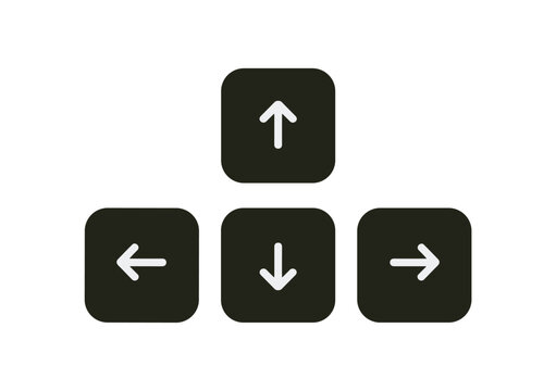 Navigation Keys Set: Four dark square buttons with white arrows indicating direction. arrow key, computer keyboard, direction button, digital interface.
