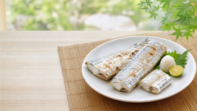 太刀魚の塩焼き 銀色の皮が美しい夏の焼き魚 青じそとすだちの和定食