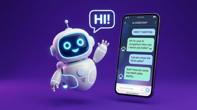 3d rendering of a cute ai robot assistant waving hello next to a smartphone screen displaying a chat interface on a purple background