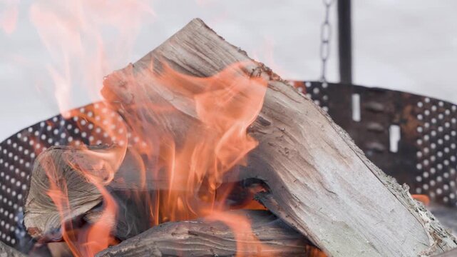 burning firewood in metal fire pit close up with glowing flames and stacked wooden logs