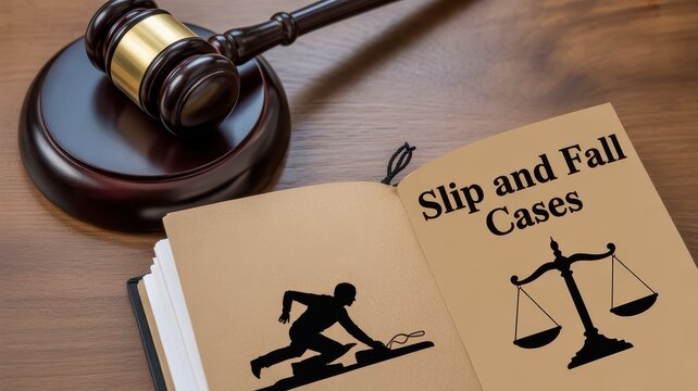 Law book on slip and fall cases with gavel and scale of justice on wooden desk
