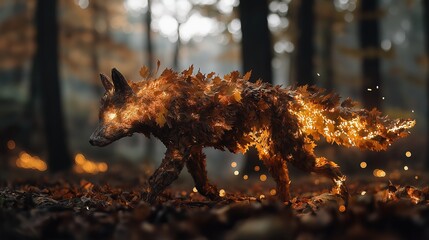 Fototapeta premium A fox-shaped figure made entirely of autumn leaves walks through a softly lit forest floor with blurred trees and glowing particles in the background.
