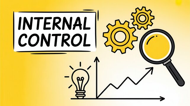 Internal control concept illustration with magnifying glass, gear, lightbulb and growth graph on yellow background