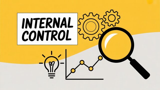 Internal control business concept with gear, magnifying glass, lightbulb and line graph on yellow and grey background