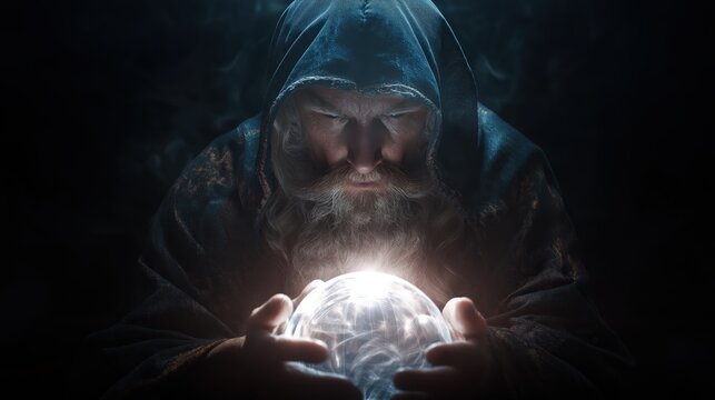 A mysterious hooded man gazes intently at a glowing crystal ball in a dark, mystical setting.