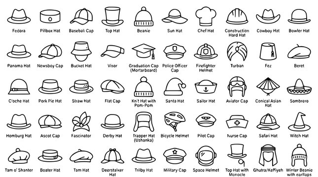 Universal Hat Outline Icons Collection with Pillbox Hat Fashion and Headwear Symbols