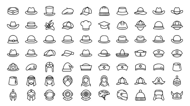 Pillbox Hat and Headwear Line Icon Set with Fashion Caps and Outline Hat Symbols