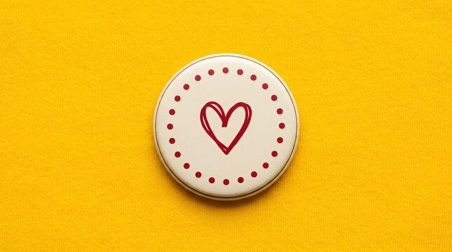 Round white badge with red heart and dotted border on yellow background.