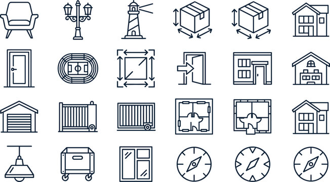 Home Moving and Real Estate Service Icon Collection with Furniture, Property Layout, Storage Solutions and Residential Navigation Outline Vector Set