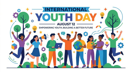 Fototapeta premium Diverse group of happy young people celebrating International Youth Day with arms raised and symbols of empowerment, standing together against a vibrant, colorful background with trees