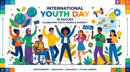 Fototapeta premium Diverse group of young people celebrating International Youth Day with global symbols, conveying empowerment and innovation against a vibrant, colorful background