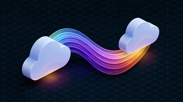 Isometric 3D render of two cloud computing icons connected by a vibrant, colorful data transfer stream on a dark grid background, representing digital technology and network communication.