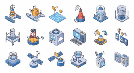 Collection of isometric icons representing various technological devices and scientific equipment, including buoys, satellites, and weather stations. © Naur