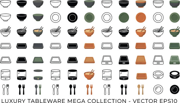 Luxury tableware and dining set icon collection vector illustration featuring kitchen utensils, plates and elegant dishware designs