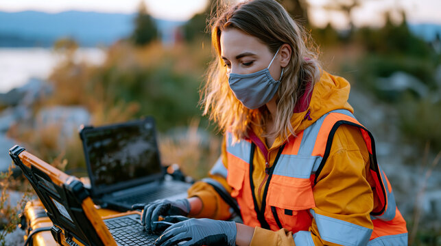 Wildlife epidemiologist in field gear processes nasal swab samples at portable biosafety cabinet near wetland habitat edge, drone surveillance footage of waterbird colonies plays on ruggedized lapto