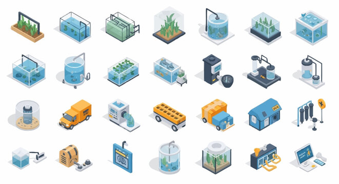 Isometric illustrations of hydroponic systems and related equipment for indoor farming and agriculture.